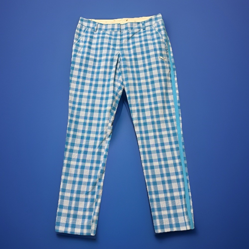 Women's Puma Size 4 Sport Lifestyle Plaid Blue‎ On White Golf Pants